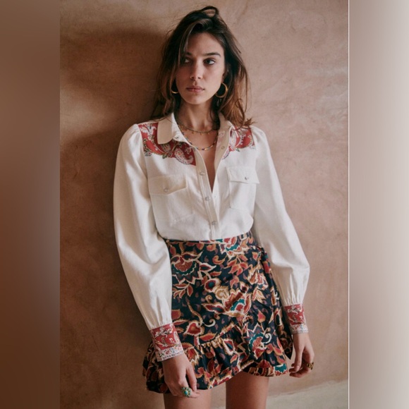 SézaneTia Western Button-down Shirt Ivory Red Paisley Rare ❤️ US2 FR34